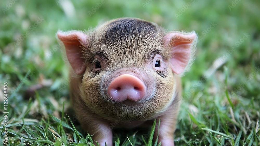 Adorable Miniature Piglet on Green Grass in Sunlit Garden Closeup : Generative AI