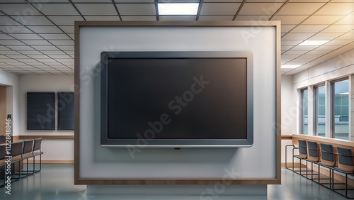 Large wall-mounted screen in modern waiting room with copy space on clean white wall and minimalistic design