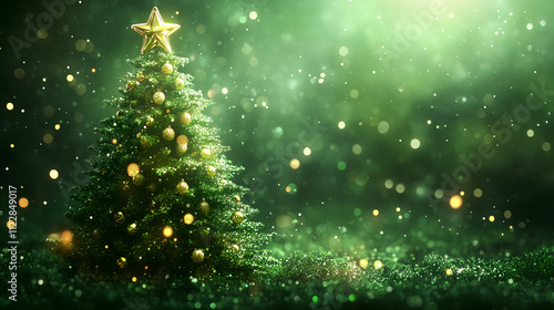 Christmas tree decorated with golden light balls with green tones and bokeh background,Generative AI illustration photo