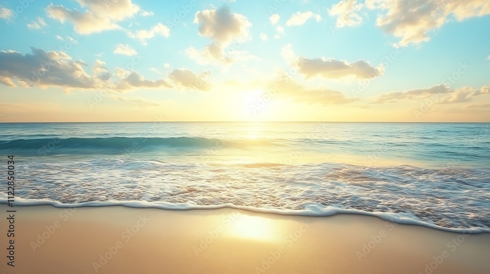 Obraz premium Idyllic Sunset Over Calm Ocean with Soft Sandy Beach and Puffy Clouds Creating a Peaceful Coastal Scene : Generative AI