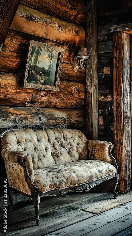 Antique Sofa in Rustic Log Cabin Setting