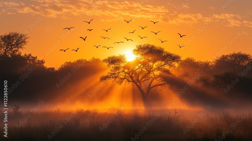Obraz premium Majestic Sunrise Over Misty Landscape with Silhouetted Tree and Flock of Birds in a Golden Sky, Radiating Warm Light and Tranquil Atmosphere