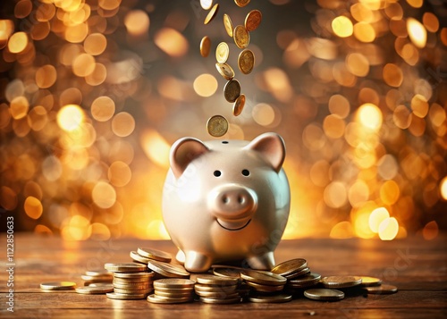 Coins Cascading into a Piggy Bank: A Close-Up View of Savings and Financial Growth with a High Depth of Field Effect Capturing the Joy of Saving Money photo