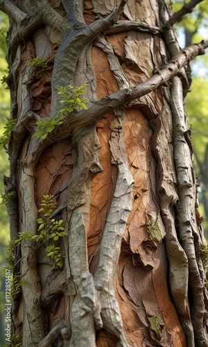 Twisted branch of hornbeam tree with rugged texture and weathered bark, tree branch, weathered bark photo