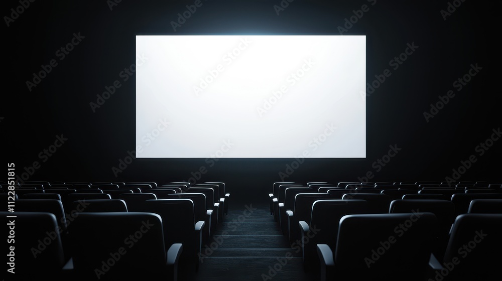 Fototapeta premium Cinematic empty theater with a blank screen ready for presentations at nighttime