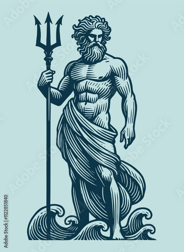 Poseidon with trident, vintage monochrome engraving, blue on light blue