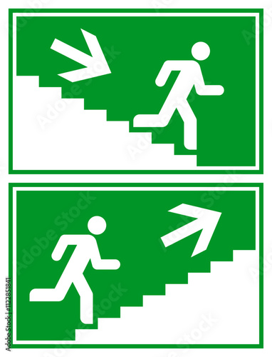 Man running down stairs with direction arrow, Man running up stairs with direction arrow. Exit way icons. Emergency exit. Safety symbol.