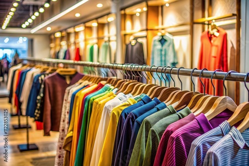 Colorful Clothes Hanging on Rail in a Modern Clothing Store Showcasing Fashion Trends and Styles for Shoppers with High Depth of Field Focus for Retail Photography photo