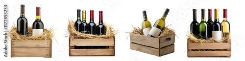 Rustic wooden crate filled with wine bottles, straw delightful still life photo