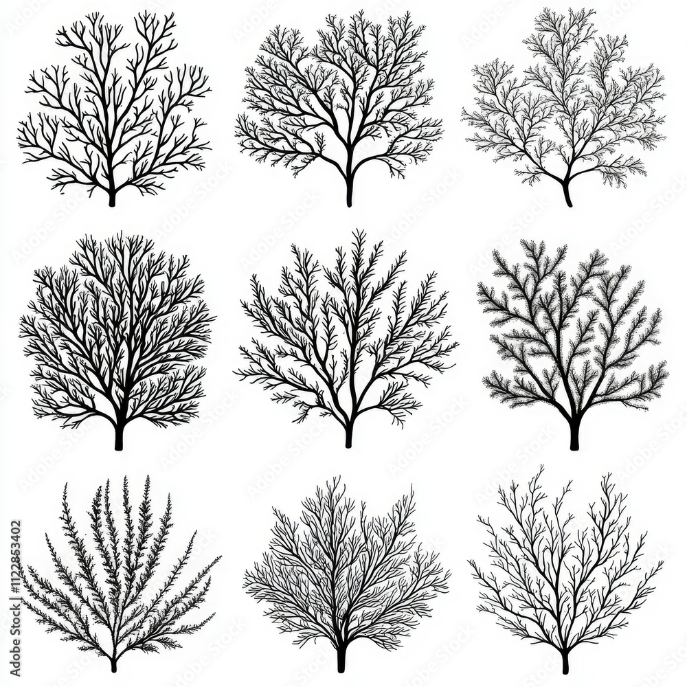 Obraz premium Nine Elegant Black and White Tree Silhouettes Botanical Illustrations for Design