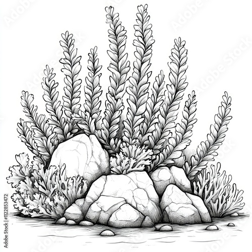 Monochrome Illustration of Coastal Rocks with Seaweed and Coral photo