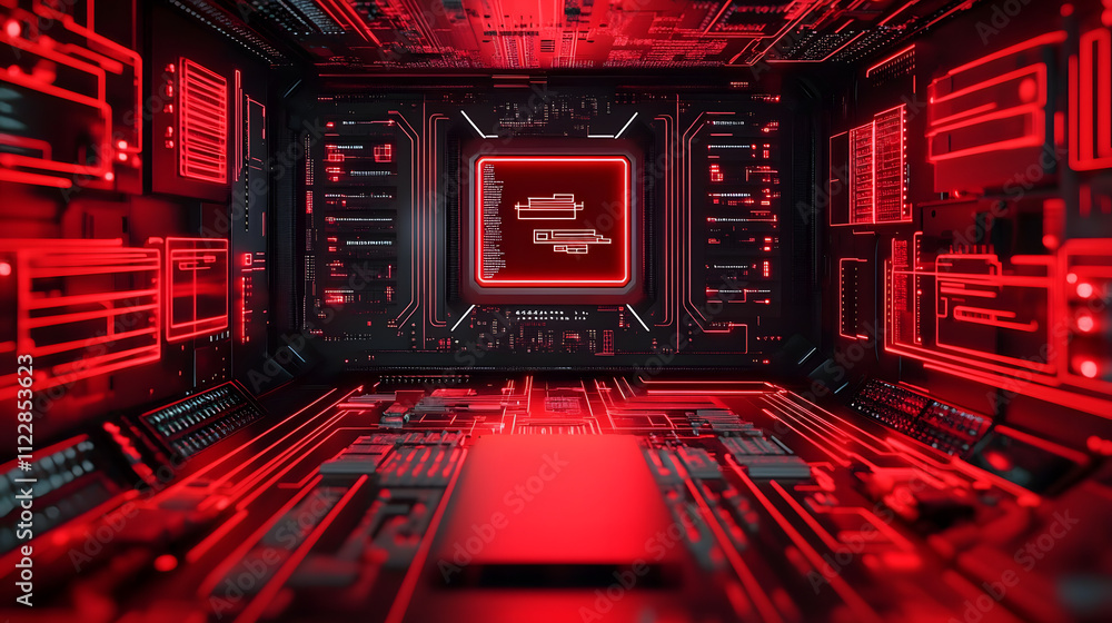 A detailed red cybersecurity interface featuring a central hub, with illuminated circuit patterns and data streams representing intricate network protection and threat detection systems.