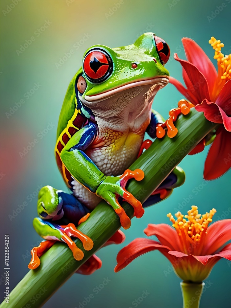 Naklejka premium Vibrant Red-Eyed Tree Frog on a Branch with a Red Flower