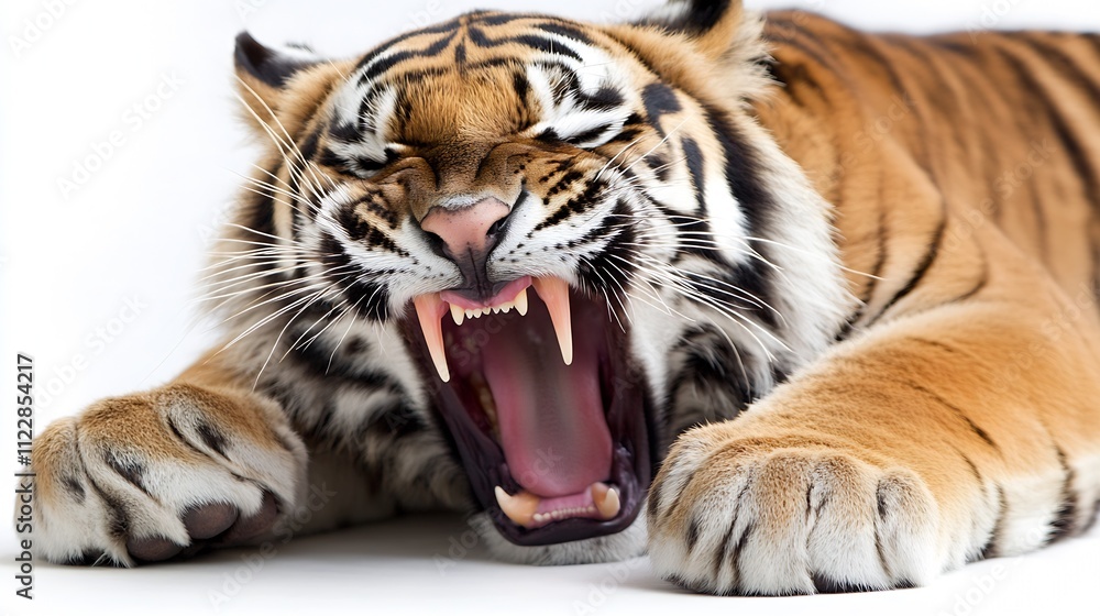 Fototapeta premium Yawning Tiger Showcasing Powerful Jaws and Teeth in a White Background : Generative AI