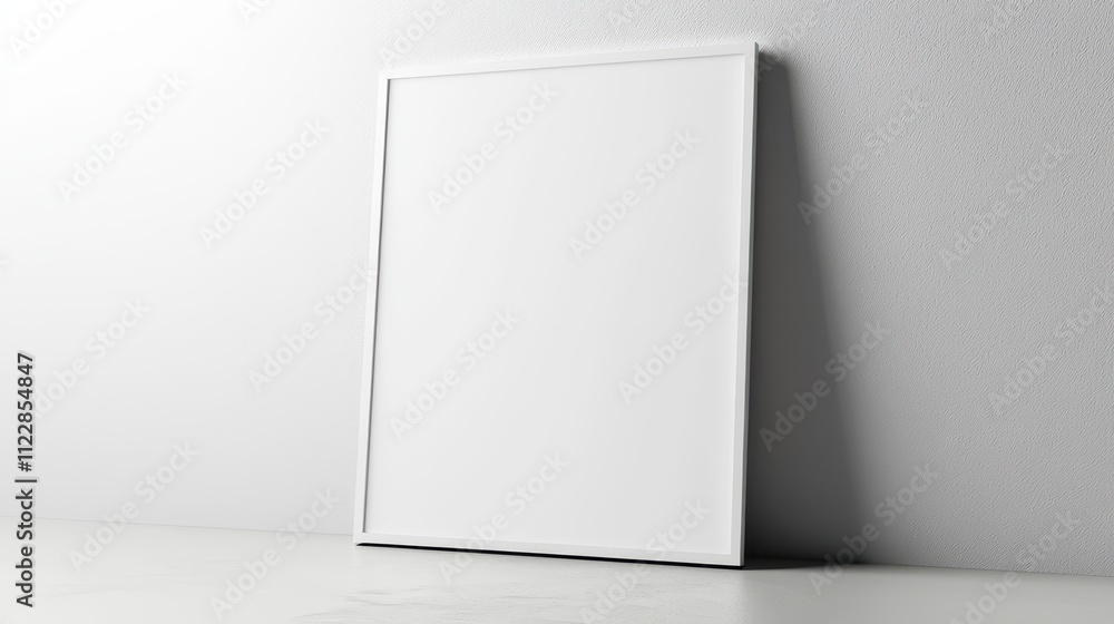 Blank frame mock up in bright natural light against a simple wall in an indoor setting Blank frame mock up in bright natural light against a simple wall in an indoor setting