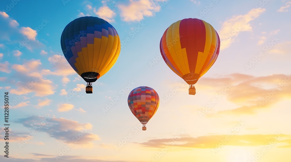 Fototapeta premium Colorful Hot Air Balloons Gently Floating at Sunset with Serene Sky Scenery and Majestic View of Adventure : Generative AI