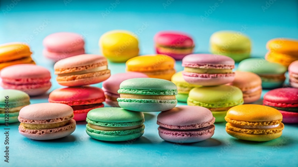 Fototapeta premium Colorful Macarons on a Soft Pastel Blue Background for a Deliciously Appealing Stock Photo Collection of Sweet Treats and Desserts