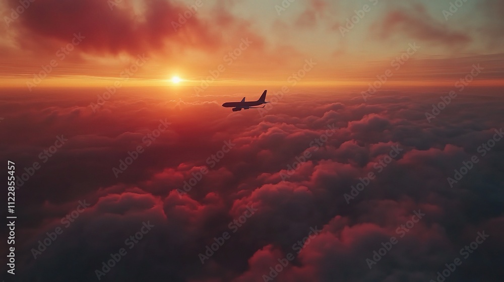 Naklejka premium Stunning Flight Over Cumulus Clouds at Sunset with Vibrant Colors