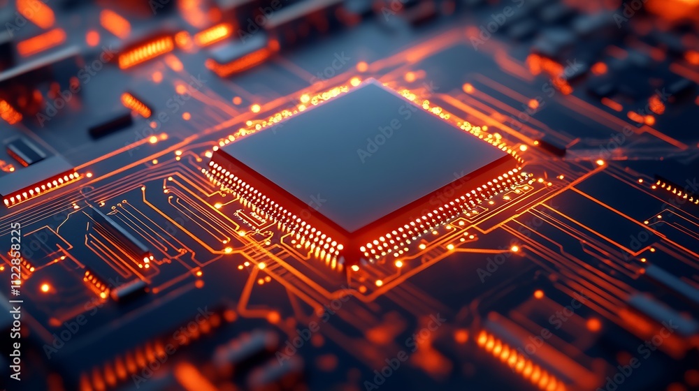 Fototapeta premium High tech circuit board with glowing red microchip in futuristic technology theme : Generative AI