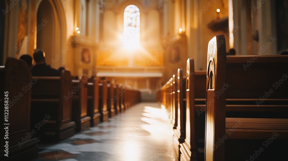 Fototapeta premium Warm Sunlight Illuminating Church Pew and Aisle Creates a Sacred Atmosphere : Generative AI