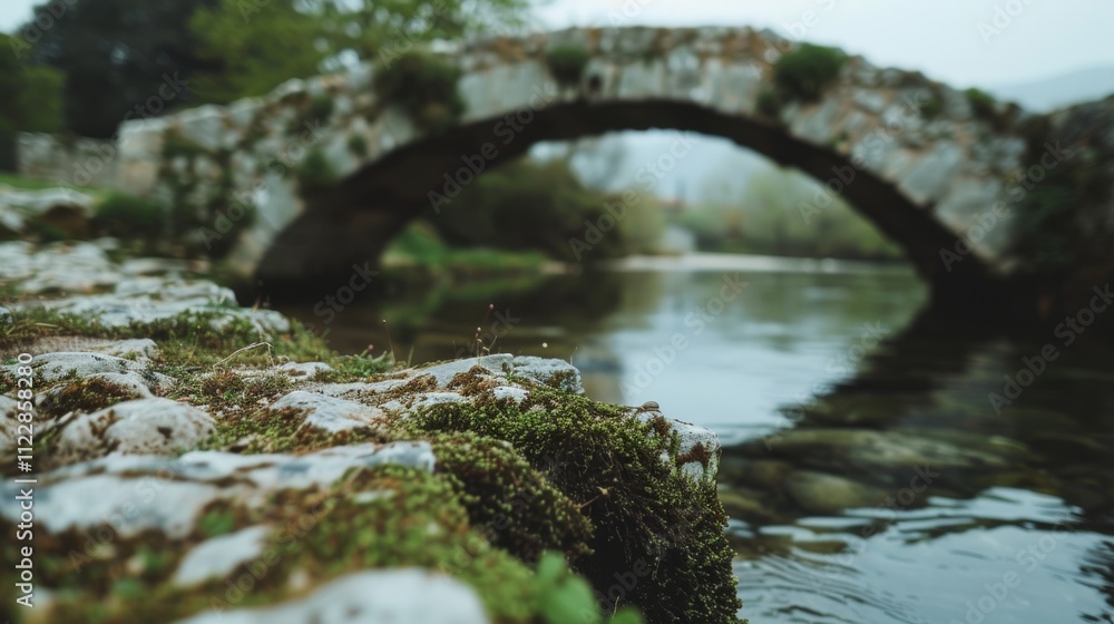 Fototapeta premium A moss-covered stone bridge arches over a serene river, encapsulating an idyllic rural scene.