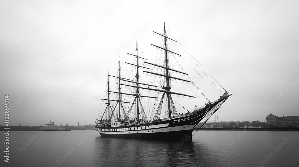 Fototapeta premium Historic Tall Ship in Timeless Black and White Setting on Overcast Day : Generative AI