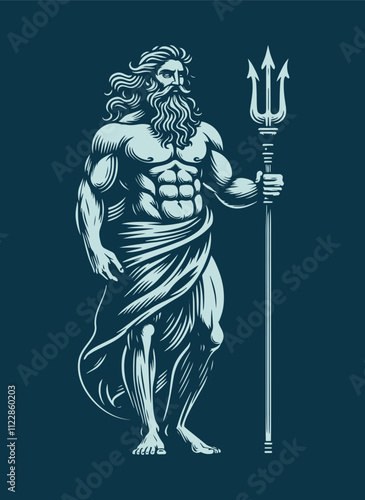 Poseidon with trident, vintage monochrome engraving,  light blue on blue
