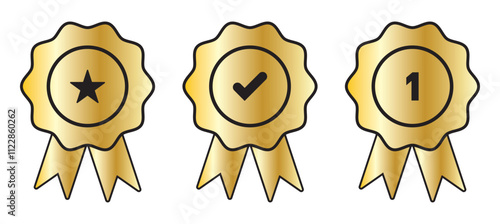 set of Quality icon, certified check mark ribbon label. Vector premium product certified or best choice recommended award and warranty approved certificate stamp
