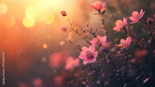 Soft Focus Pink Blossoms in Bloom Against Golden Sunlight Bokeh : Generative AI