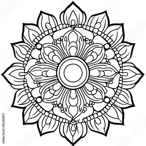 Intricate Black and White Mandala Design - Circular Floral Pattern