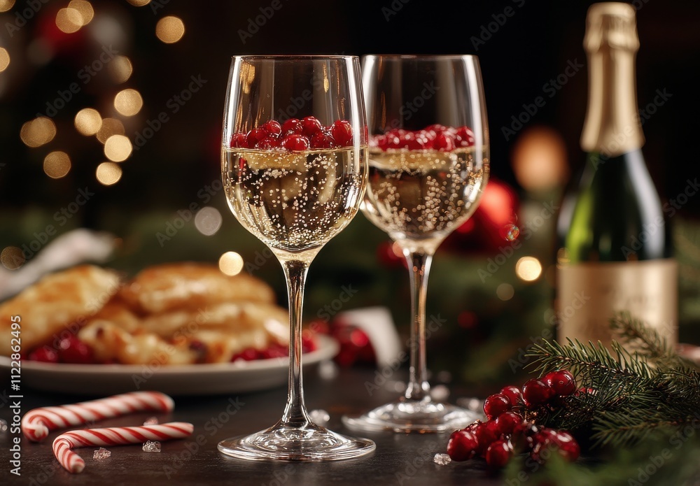 Elegant Celebration Toast with Champagne Glasses Filled with Bubbles and Garnished with Red Berries Against a Festive Background of Holiday Decorations Elegant Celebration Toast with Champagne Glasses Filled with Bubbles and Garnished with Red Berries Against a Festive Background of Holiday Decorations