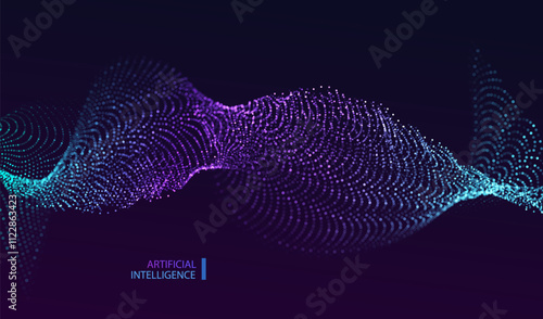 Abstract blue and purple particle background. Wave with flowing dotted landscape. Big data ai connect structure. Grid mesh futuristic style. Pattern point graph vector technology.