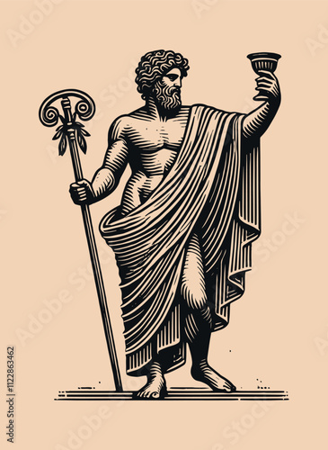 Dionysus with staff and cup, vintage monochrome engraving on beige