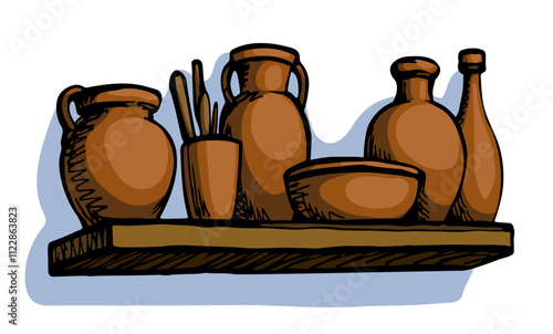 Vector drawing. Potters on the shelf