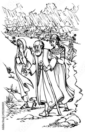 Vector drawing. Lot flee from Sodom