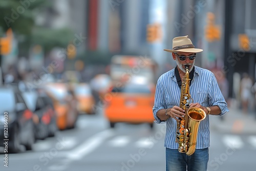 Musician playing saxophone on street photo