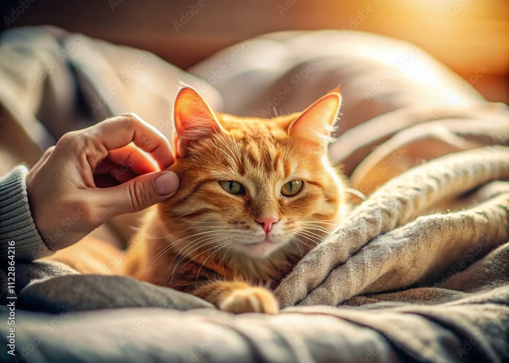 Cozy Close-up of a Relaxed Ginger Cat Being Petted in a Soft Bed, Showcasing the Contentment of Feline Companionship in Tilt-Shift Photography Cozy Close-up of a Relaxed Ginger Cat Being Petted in a Soft Bed, Showcasing the Contentment of Feline Companionship in Tilt-Shift Photography