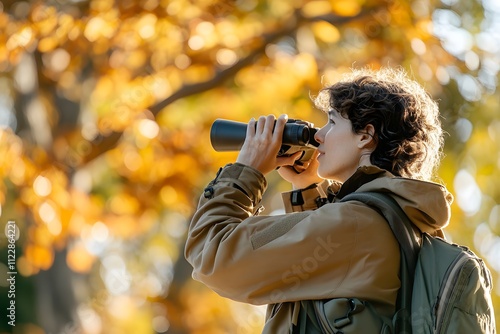 Bird watcher observing birds in forest photo