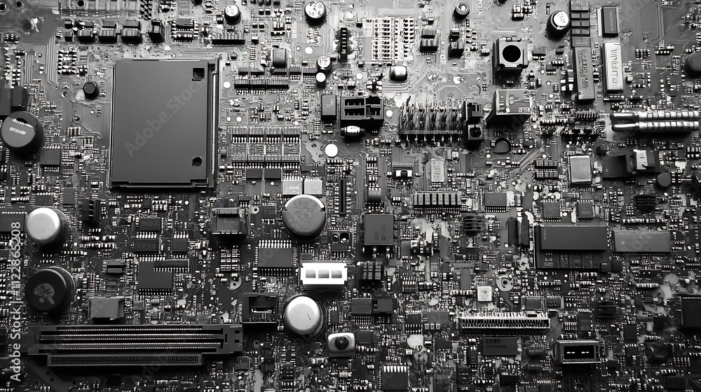 Fototapeta premium Closeup of Electronic Circuit Board with Numerous Components and Connectors Featuring a Complex Technical Design : Generative AI