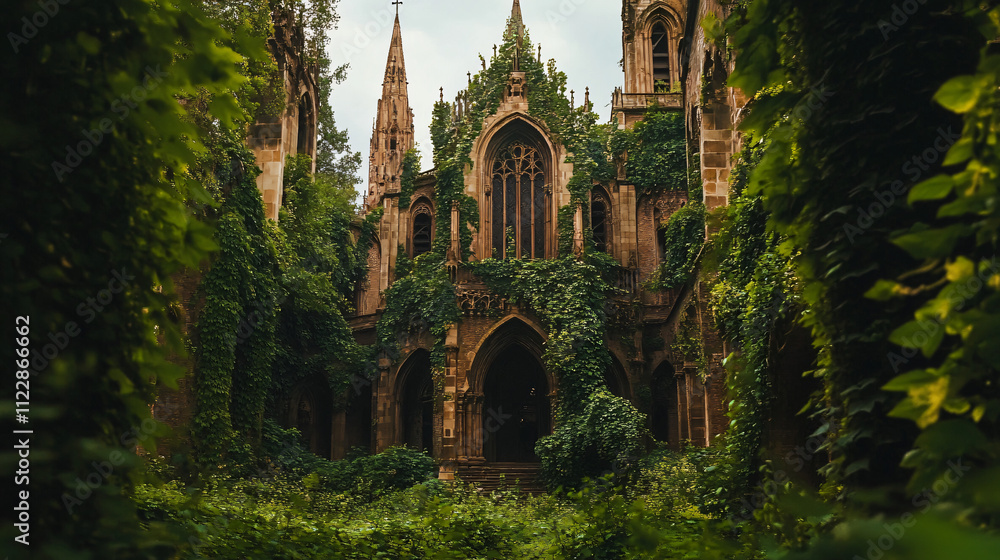Obraz premium An ancient basilica overtaken by ivy, its spires lost in the dense growth.
