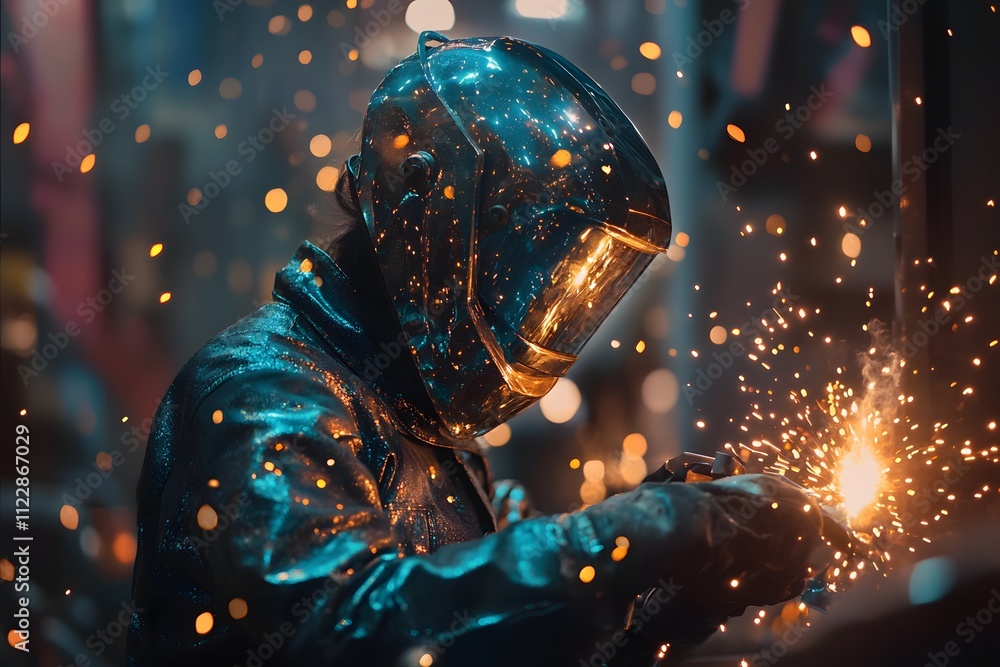 Female welder in factory welding metal Female welder in factory welding metal