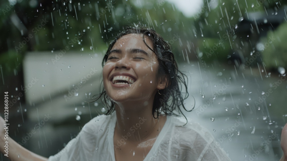 Obraz premium A young woman joyfully embraces a rain shower, her radiant smile capturing the essence of carefree happiness amidst the refreshing droplets.