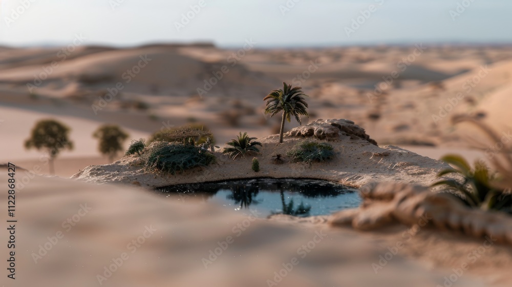Obraz premium A tranquil oasis in a vast desert landscape with palm trees reflecting in the water, suggesting serenity amidst vastness.