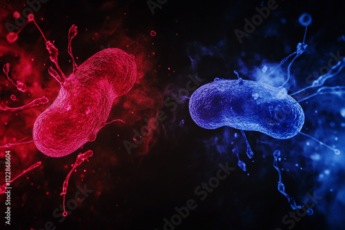 Abstract visualization, red and blue bacteria versus antibiotics in a clash-like composition