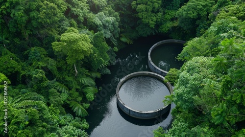 Overhead view of two circular water reservoirs nestled within a vibrant, dense green forest, highlighting the contrast between nature and human design. photo