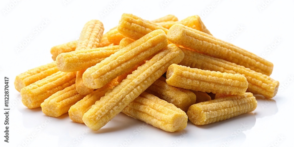 Crisp and Delicious Corn Sticks on White Background, Perfect for Product Photography Showcasing Snacks, Healthy Eating, and Culinary Delights Crisp and Delicious Corn Sticks on White Background, Perfect for Product Photography Showcasing Snacks, Healthy Eating, and Culinary Delights