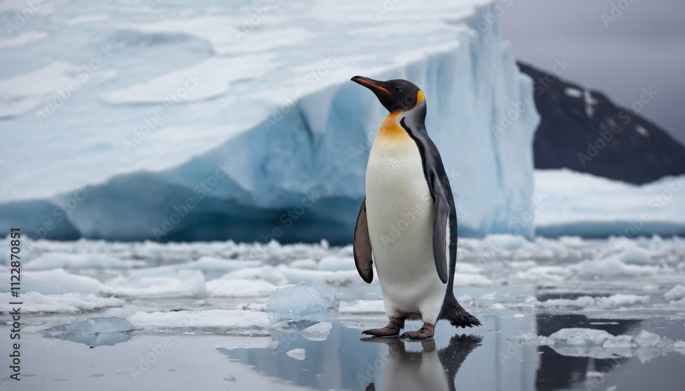 Fototapeta premium A penguin with a forlorn look, standing alone on a fractured ice sheet.