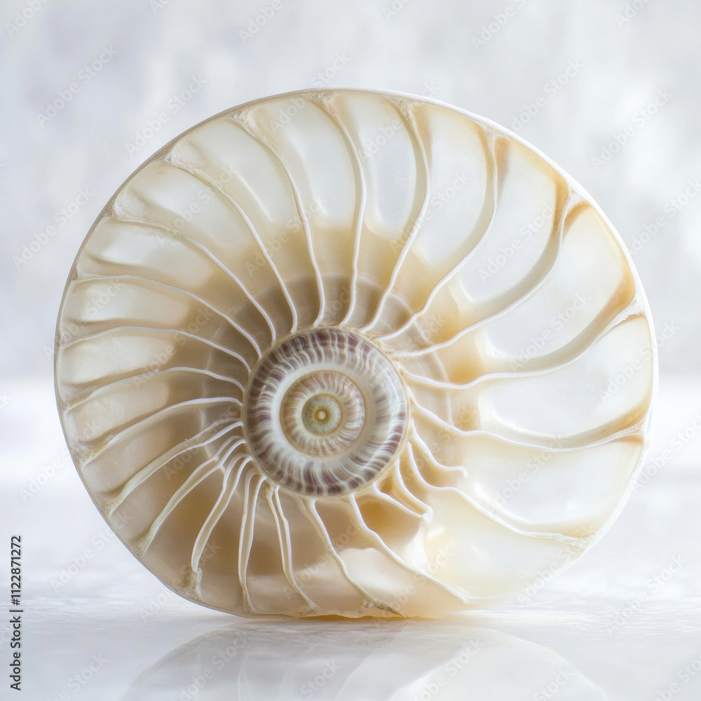 Obraz premium close up of beautiful seashell showcasing intricate spiral patterns and smooth textures, evoking sense of calm and natural beauty