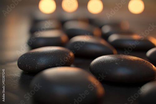 Smooth black stones arranged on a serene surface with soft glowing lights in the background, perfect for relaxation, wellness, and spa settings, inviting tranquility and peace. photo