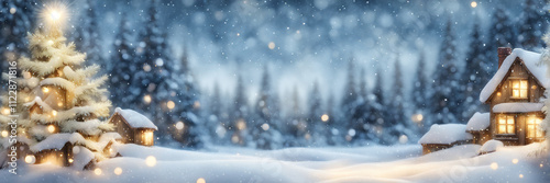 Wallpaper Mural Christmas-themed desktop wallpapers, with free space for photos, with a side effect from festive lights, a small house in the corner against the background of snow-covered pines. Torontodigital.ca